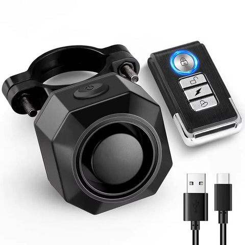 Sticky Bike Alarm Taillight For Happy E-Bike Offroad MTB That Stops Thieves With Sensitive Vibration Sensor To Save Your Ride And Keep You Safe On Dark City Streets With Bright Warning Modes. Black ABS alarm taillight with remote and USB cable
