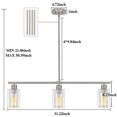Brushed Nickel Glass Pendant Lighting Over Island Three Light Modern Kitchen Pendant with dimensions and adjustable drop