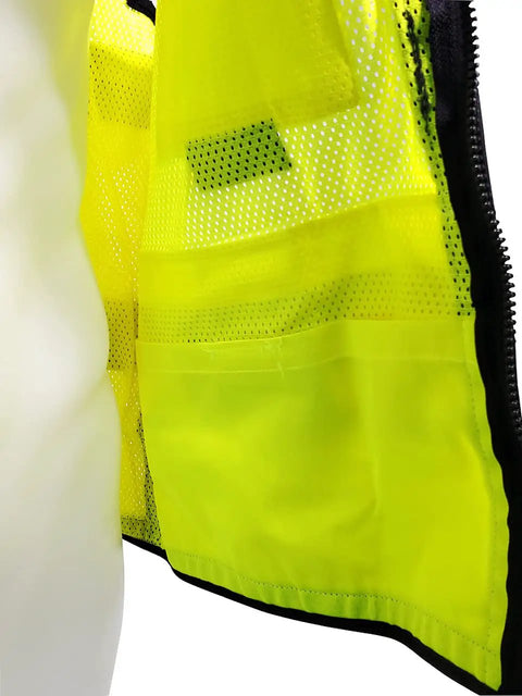 Heavy Duty Green Mesh Surveyors Vest With Loaded Tablet Pockets And Secure Id Sleeve Super Breathable Class Two Compliant Jobsite Safety Gear For Hardcore Seasoned Crews 3XL interior view showing mesh pockets.
