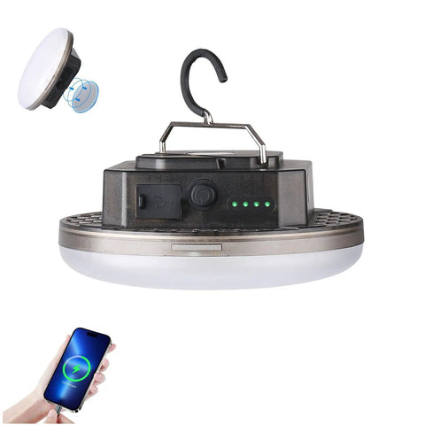Waterproof Portable LED Camping Light With 5000 Lumens Rechargeable Battery Super Lit Hanging Lantern showing charging port and hook.