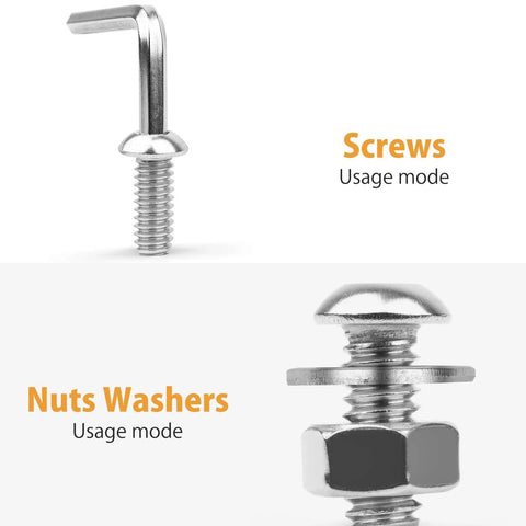 1/4-20 stainless steel hex button head screws with washers and nuts, front and close-up views