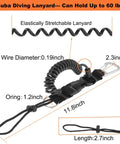 Scuba Diving Coil Lanyard With Stainless Steel Spring Clip And Quick Release Buckle for underwater gear, TPU coated, dimensions labeled.