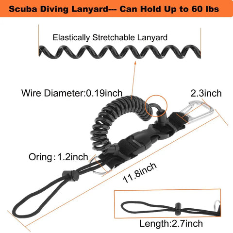 Scuba Diving Coil Lanyard With Stainless Steel Spring Clip And Quick Release Buckle for underwater gear, TPU coated, dimensions labeled.