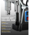 Portable Magnetic Drill Press For Metal showing adjustable depth settings and travel distance features for drilling accuracy.
