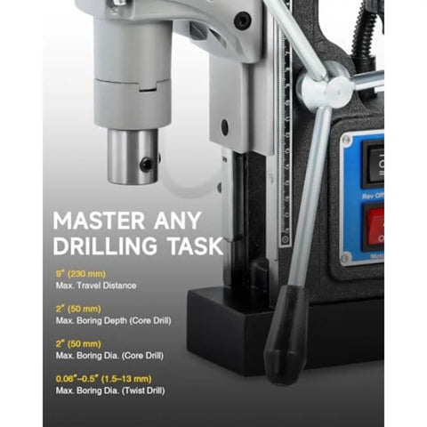 Portable Magnetic Drill Press For Metal showing adjustable depth settings and travel distance features for drilling accuracy.