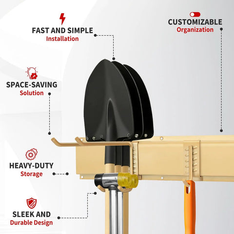 Front view of 33 Inch Wall Mounted Garage Tool Rack With 2 Panels And 6 Heavy Duty Hooks 675 Lb Capacity Adjustable Rails displaying tools