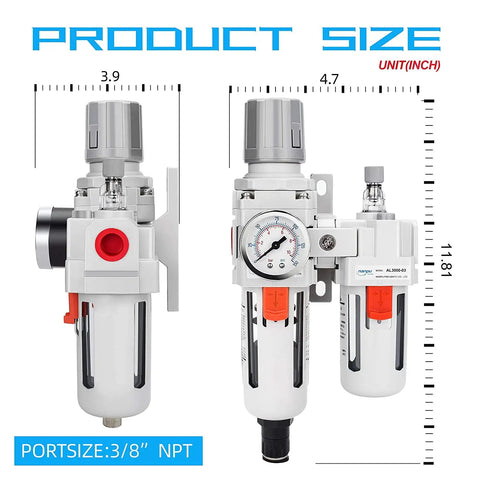 Three Eighths Inch NPT Auto Drain Air Filter Regulator Lubricator FRL Heavy Duty Combo with gauge and poly bowl