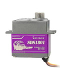 Front view of SERVOMY SDS1801 Iteration TRX4 Servo - 8.5KG High Torque Coreless RC Servo motor with purple casing and metal gears.