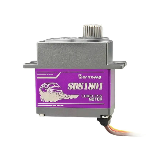 Front view of SERVOMY SDS1801 Iteration TRX4 Servo - 8.5KG High Torque Coreless RC Servo motor with purple casing and metal gears.