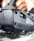 Close-up of Plunge Cut Track Saw TS 60 KEB F Plus with KickbackStop showing EC-TEC motor and compatibility with guide rails