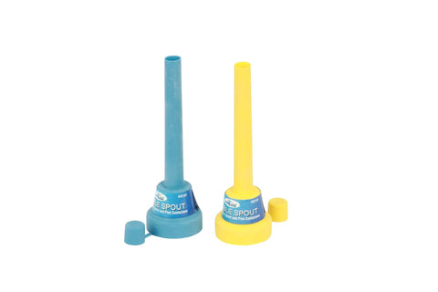 Two blue and yellow clip spouts from 10 Piece Funnel Set For Garage And Shop With All The Gear You Need For Oil Fuel And Other Automotive Fluids Perfect For Quick Transfers And Maintenance Tasks.