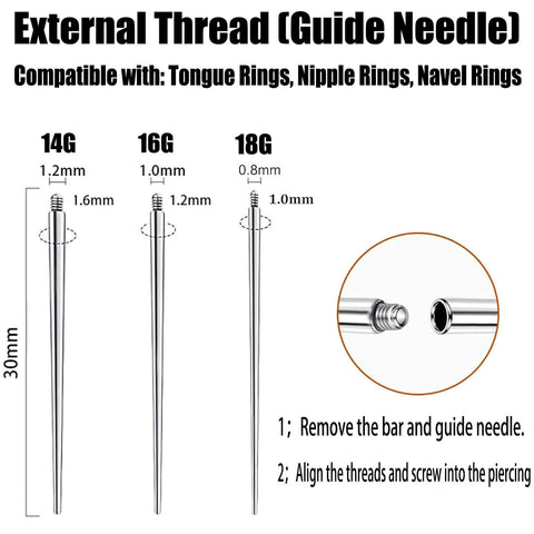 External thread guide needle for tongue, nipple, navel rings in 14G, 16G, 18G. Part of Piercing Taper Ball Grabber Tool Kit.