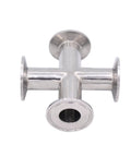 Front view of DERNORD 4-way cross clamp for 1.5 in tri-clamp fittings; 304 stainless, 25 mm pipe OD