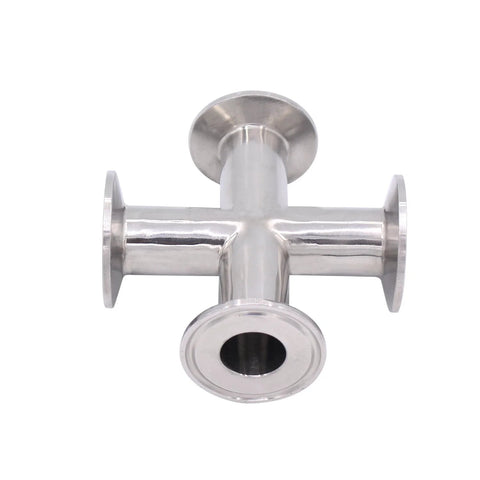 Front view of DERNORD 4-way cross clamp for 1.5 in tri-clamp fittings; 304 stainless, 25 mm pipe OD