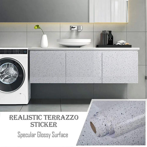 Laundry room with white cabinets covered in realistic terrazzo sticker, showcasing a specular glossy surface and roll detail.