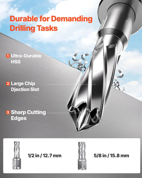 Heavy Duty 1450W Magnetic Drill Press With Rocking Horse Magnet, 1.6 Inch Coring Bit For Steel, showing sharp cutting edges and HSS drill.