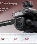 Close-up of Ultra High Definition 8K Drone With 4K Video Capabilities, showing camera, brushless motor, and features