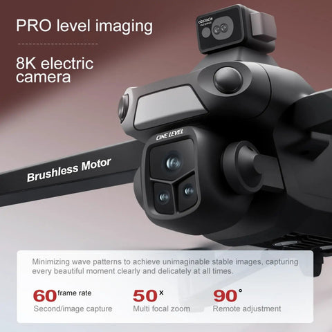 Close-up of Ultra High Definition 8K Drone With 4K Video Capabilities, showing camera, brushless motor, and features