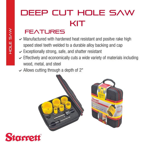 Deep Cut Hole Saw Electricians Kit With 6 Hole Saws And 3 Accessories For Wood Metal And Steel, 2 Inch Cutting Depth, case