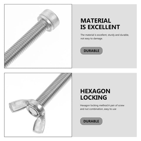 Stainless Steel Machine Screws With Wing Nuts Fastener Kit 10 Pairs Durable Silver Hardware, close-up of screw and wing nut locking mechanism.