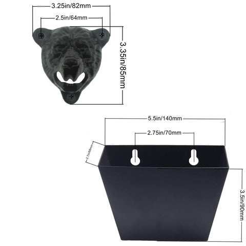 Badass Cast Iron Bear Head Beer Bottle Opener Wall Mounted With Cap Catcher Tray For Man Cave Chill Spot Or Garage Wall Rustic Grizzly Gear For Cold Ones dimensions diagram