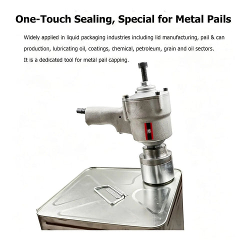 Pro Grade 49Mm Pneumatic Capping Crimping Tool For Sealing 200L Iron Drum Lids on a metal pail, showcasing one-touch sealing features.