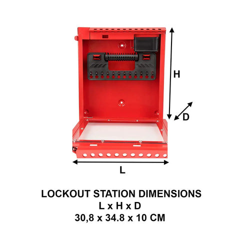 Heavy Duty Wall Mount Group Lock Box Keeping Job Site Gear Safe With Tough As Nails Steel Design, red steel construction with dimensions.