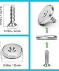 Six Pack 70 Lbs Neodymium Round Base Cup Magnets With Countersunk Holes For Holding Tools, Lifting And Wall Mounting shown with screws