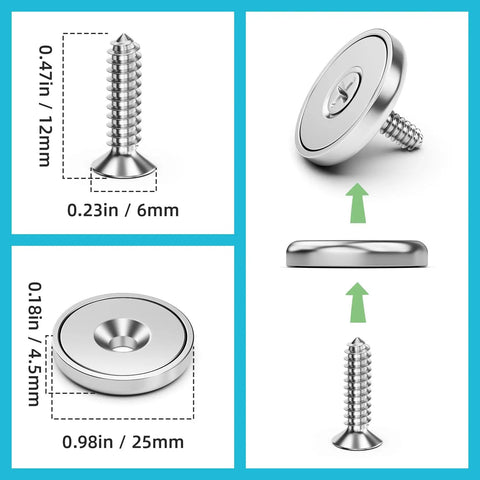 10 Pack 70 Lbs Neodymium Cup Magnets With Countersunk Holes For Secure Tool Holding And Wall Mounting, size details shown