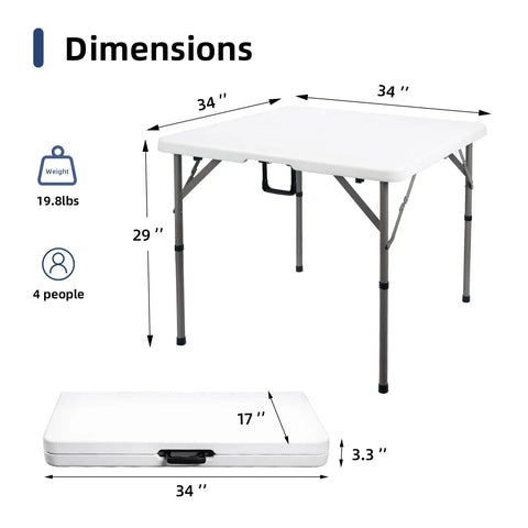 34 Inch Square Folding Card Table Portable Utility Dining Table Heavy Duty HDPE White Plastic Foldable With Carrying Handle
