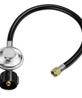 Universal 2 Feet Gas Grill Regulator And Hose For Propane Grills And Heaters All In One Easy Install Replacement For Weber Char Broil Nexgrill Patio Heaters And Fire Pits Outdoor, showing a 2ft black hose with a silver regulator and 3/8 inch flare fitting.