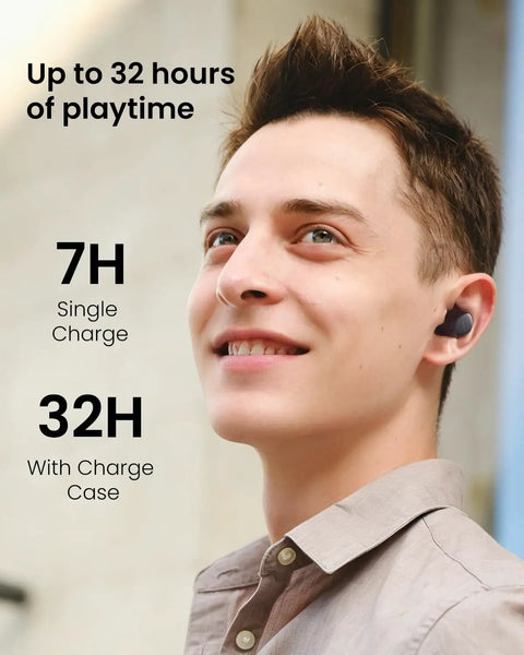 Slick Wireless Earbuds For Small Ears Bluetooth 5.3 Ultra Lightweight At 3.7 Grams Per Bud, showing long playtime with user.