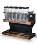 Two Tier Wooden Coffee Bean Storage Rack With Airtight Glass Jars Featuring Black Vent Lids Countertop Flex Freshness Sealer Brew Day Ready Kitchen Organization Set Keep Beans Crisp with clear glass jars on dark wood