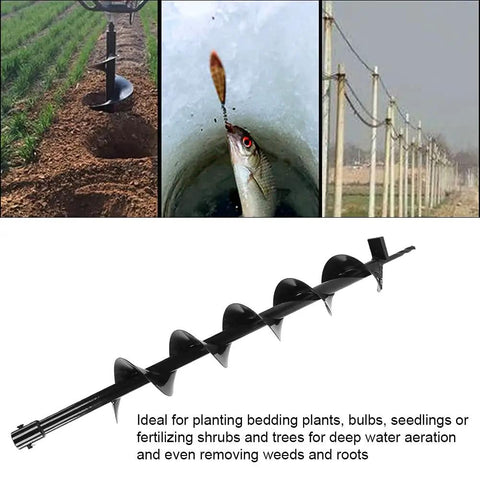 Heavy Duty Hole Digger Drill Bit For Quick Tree Planting And Post Holes, shown digging in soil, 100x800mm auger bit