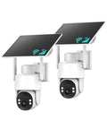 Solar Powered Cellular Security Camera With Dual Wifi And 4G LTE Connectivity For Wireless Outdoor Surveillance Featuring No Fuss Installation And Holds Its Ground Anywhere, viewed from front and side angles.