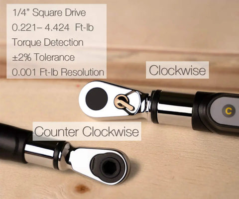 Close-up of the Bit-Head Digital Torque Wrench with 1/4 inch drive adaptor showing clockwise and counterclockwise settings.