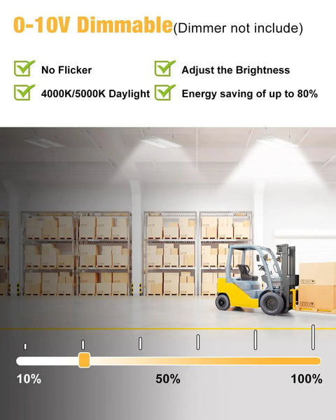 1.5 Ft Led Linear High Bay Light Adjustable Wattage 52W To 130W Swapping 4000K Or 5000K Shades in a warehouse setting.