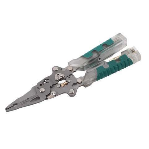 Heavy Duty 20 Function Multifunctional Wire Stripper Pliers with ergonomic rubber grip, folding design for cutting and crimping.
