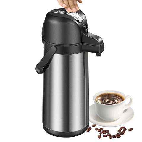 Party-Ready Hot Beverage Dispenser With Pump, 1.9L Insulated Stainless Steel Carafe, with coffee cup and beans