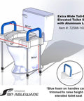 Diagram of Tall-Ette Elevated Toilet Seat With Extra Wide Seating Surface And Adjustable Aluminum Legs, foam armrests visible.