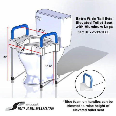 Diagram of Tall-Ette Elevated Toilet Seat With Extra Wide Seating Surface And Adjustable Aluminum Legs, foam armrests visible.