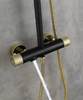 Close-up of the wall-mounted fixture with black and gold accents in Chill Out With This Top Tier Wall Mounted Shower Set.