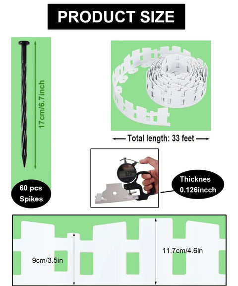 Flexible 33Ft Garden Landscape Edging Kit With 60 Spikes 4.6In Tall White Plastic Border dimensions and components