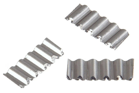 Bright Steel Corrugated Joint Fasteners For Wood Miter Locks Picture Frames 5/8 Inch 100 Pack displayed in three angles.