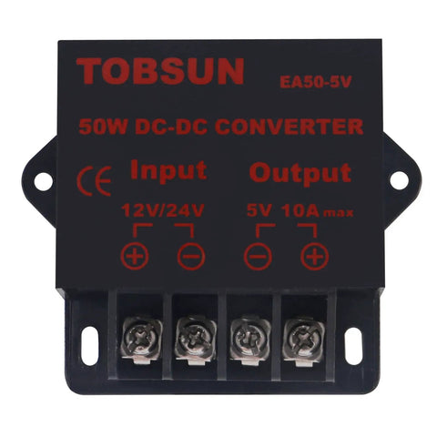 Front view of a Two Pack 12V To 5V Step Down Converter 5V 10A 50W Power Supply Module For Automotive And 12V And 24V Systems With Auto Protection
