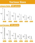 Chart showing sizes of nails and screws in Picture Hanging Nails And Wood Screws Kit With 205 Finishing Nails And 145 Flat Head Screws