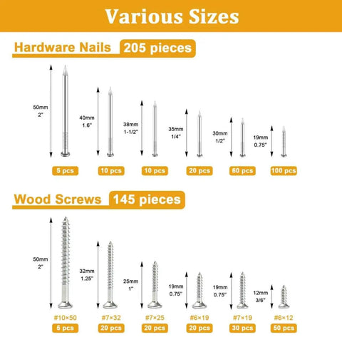 Chart showing sizes of nails and screws in Picture Hanging Nails And Wood Screws Kit With 205 Finishing Nails And 145 Flat Head Screws