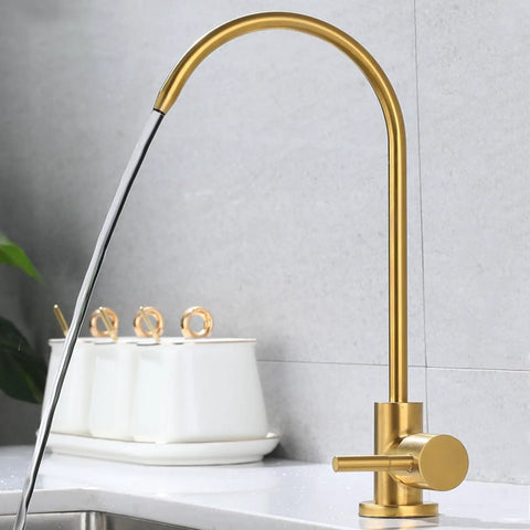 NYTFHMS Drinking Water Filter Taps Kitchen Sink, Purifier Faucet, Stainless Steel Gold 1/4 with flowing water in kitchen.