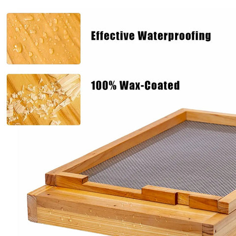 Screened Beehive Bottom Board with 100 percent beeswax dip, showcasing waterproof and wax-coated wooden frame for 10-frame hives.