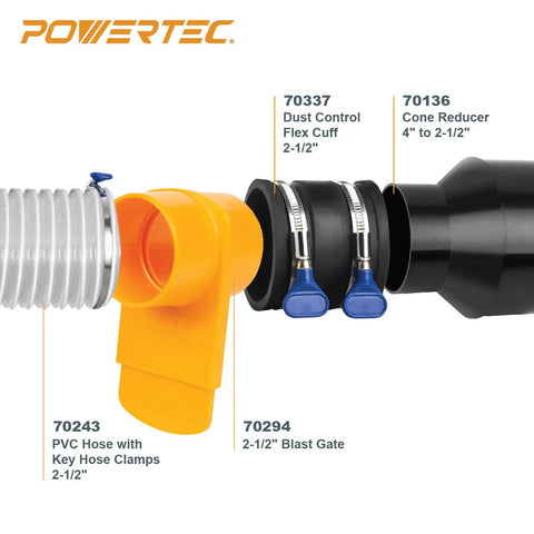 Four To Two And A Half Inch Hose Reducer With Two And A Half Inch Dust Control Flex Cuff And Adjustable Key Hose Clamps Kit